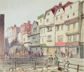 View of Long Lane, with pigs in pens in part of Old Smithfield Market